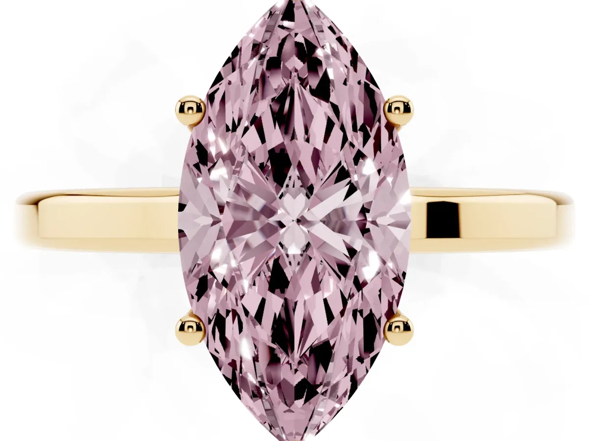 Fancy Pink Marquise Cut Cut Solitaire Engagement Ring with Four-Prong Setting on a Classic Band Yellow gold