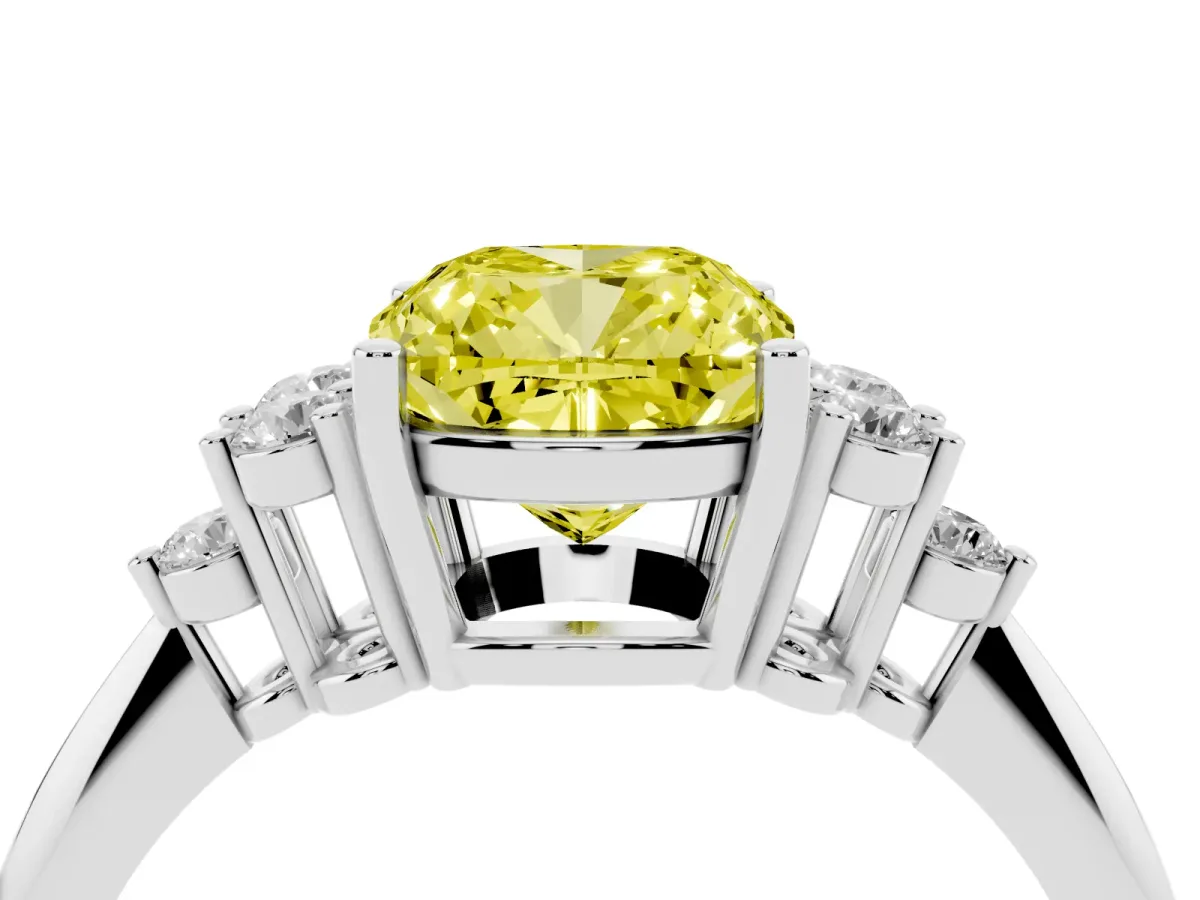 Fancy Yellow Cushion Cut Cut Diamond Cluster Ring with Solitaire Band and Four-Prong Setting Silver