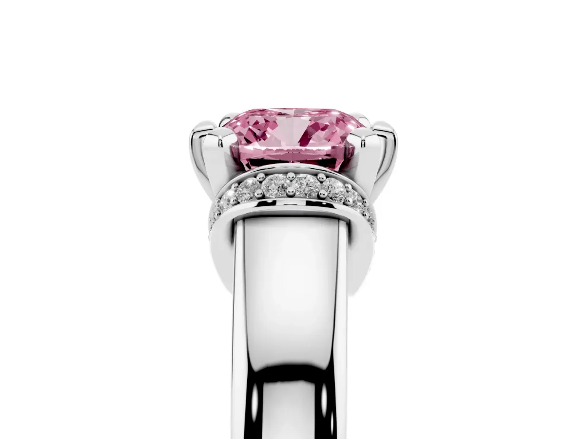 Fancy Pink Cushion Cut Solitaire Diamond Ring with Pave Band and Six-Prong Setting Silver