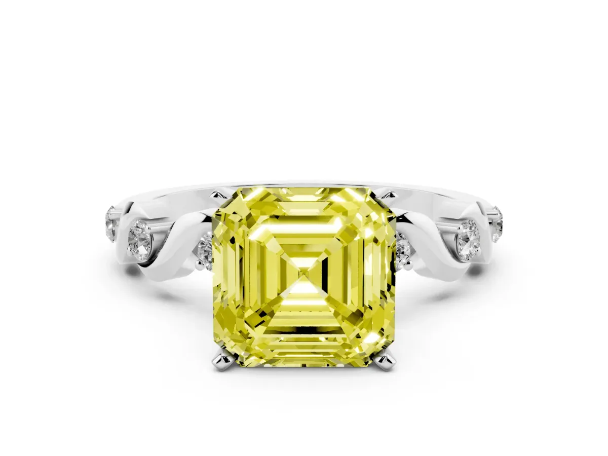 Fancy Yellow Asscher Cut Diamond Solitaire Twisted Band with Round Accents and Prong Setting Platinum