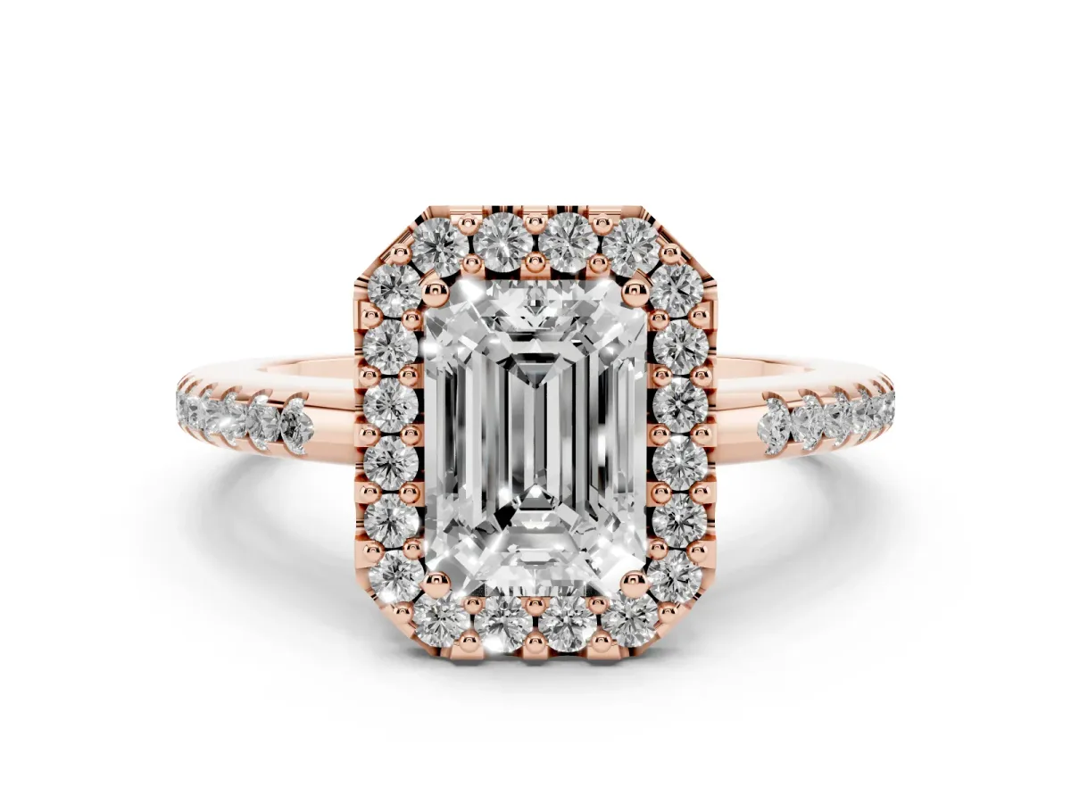 Emerald Cut Diamond Pavé Halo Ring with Four-Prong Setting Rose gold