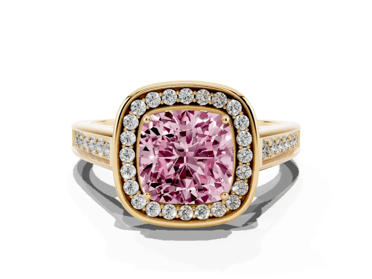 Fancy Pink Cushion Cut Halo Solitaire Diamond Ring with Pave Band and Bezel Setting Yellow gold
