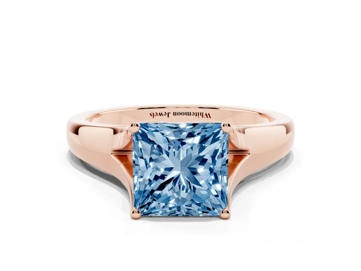 Fancy Blue Princess Cut Solitaire Diamond Ring with Cathedral Band and Four-Prong Setting Rose gold