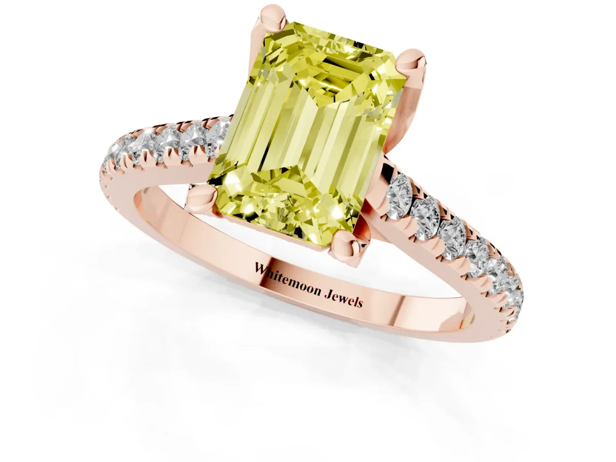 Fancy Yellow Emerald Cut Brilliant Diamond Solitaire with Pavé Band and Four-Prong Setting Rose gold