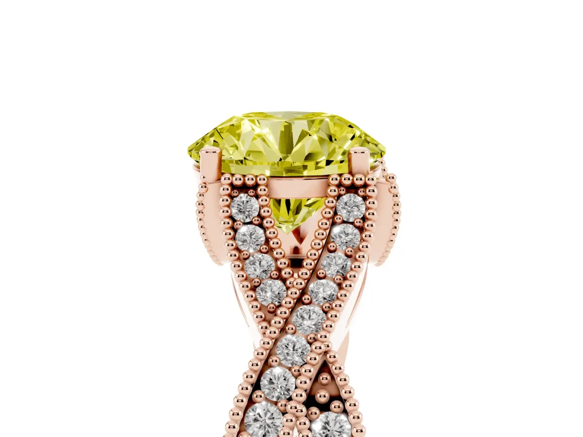 Fancy Yellow Round Cut Cut Diamond Twisted Band with Milgrain Pave Setting and Four-Prong Setting Rose gold