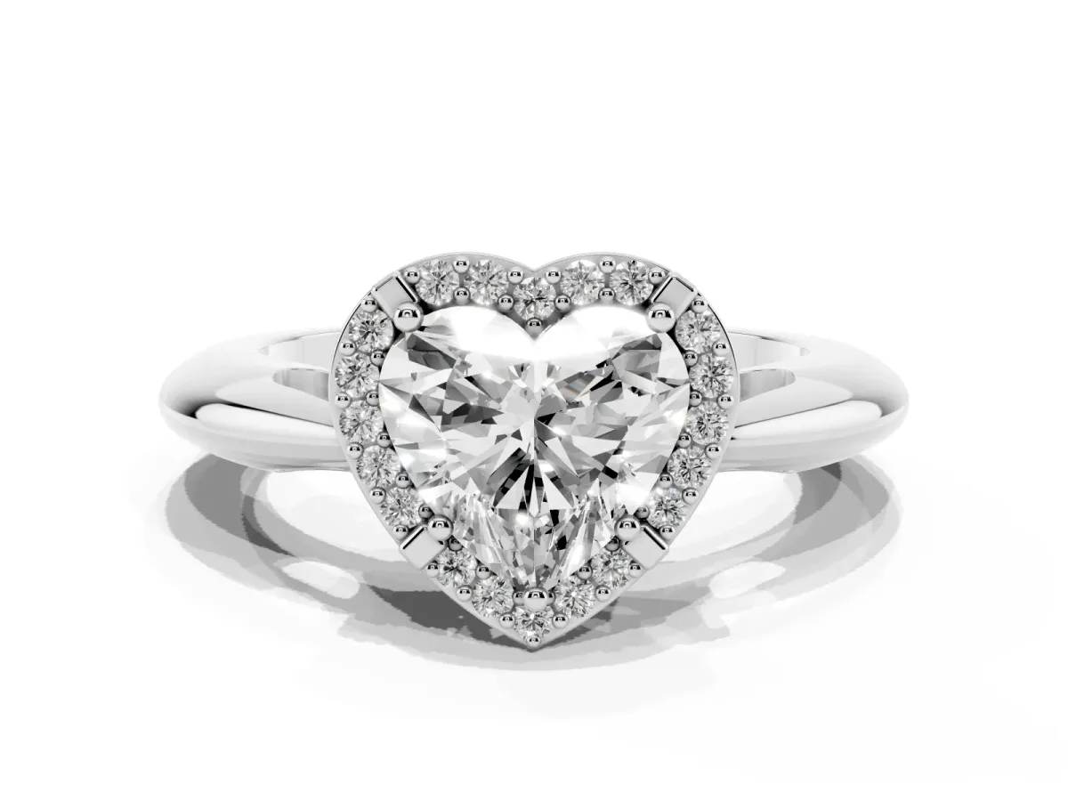 Heart Cut Cut Diamond Halo Engagement Ring with Split Shank and Four-Prong Setting Silver