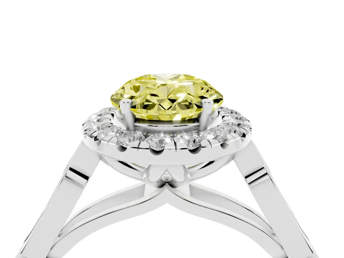 Fancy Yellow Oval Cut Halo Diamond Engagement Ring with Filigree Band and Four-Prong Setting Platinum