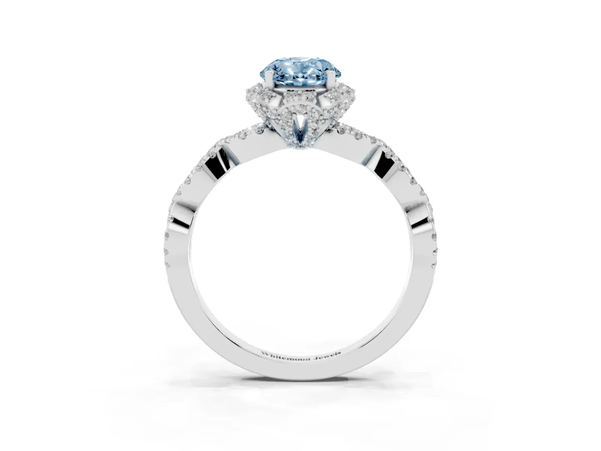 Fancy Blue Oval Cut Halo Twist Band Solitaire Ring with Six-Prong Setting Silver