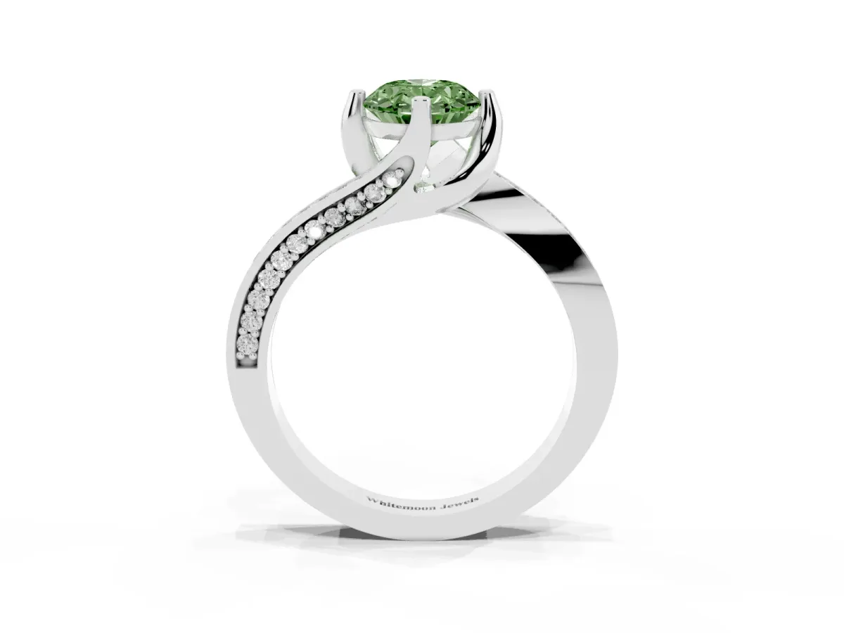 Fancy Green Oval Cut Solitaire Diamond Twist Band with Pavé Setting and Four-Prong Setting Silver