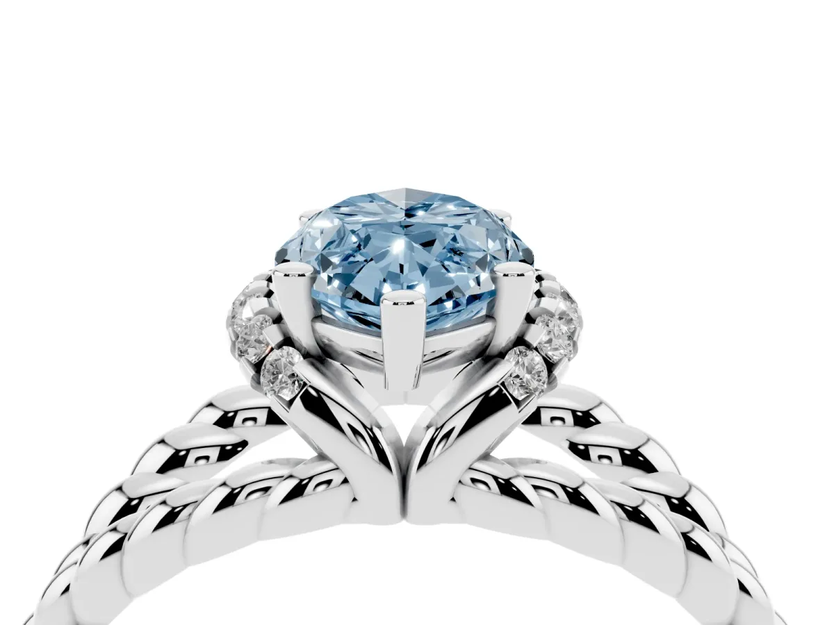 Fancy Blue Marquise Cut Halo Twisted Band Four-Prong Ring Platinum