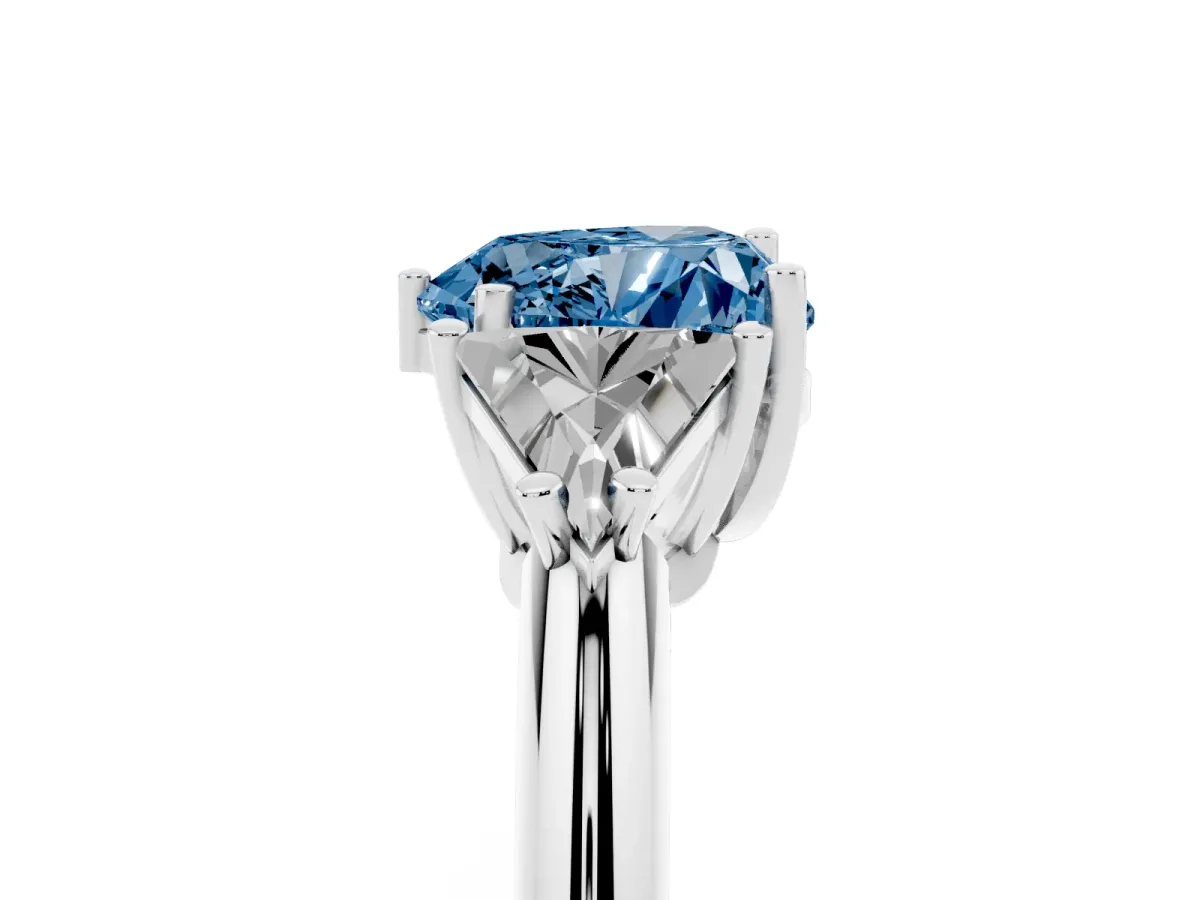 Fancy Blue Three-Stone Heart Cut Diamond Engagement Ring with Trillion Side Stones and Prong Setting Silver