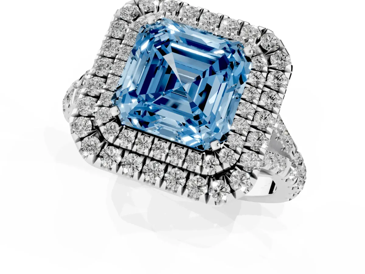 Fancy Blue Asscher Cut Cut Double Halo Split Shank Diamond Ring with Prong Setting Silver