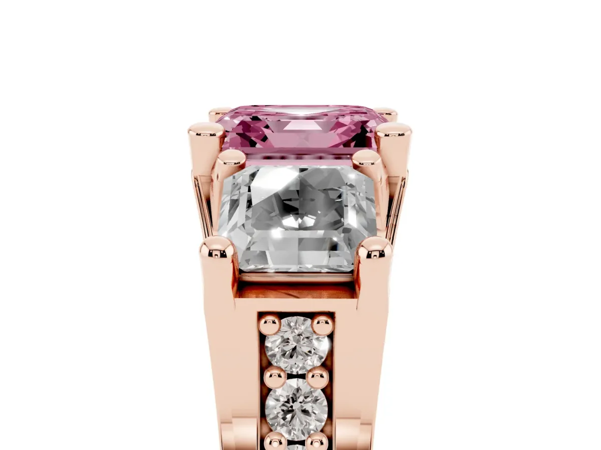Fancy Pink Asscher Cut Diamond Three-Stone Ring with Channel Set Band and Four-Prong Setting Rose gold