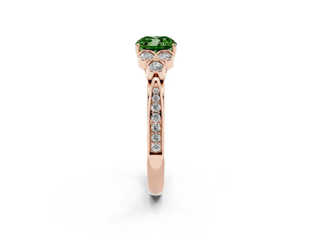 Fancy Green Cushion Cut Cut Diamond Engagement Ring with Bezel Set Round Side Stones and Prong Setting Rose gold