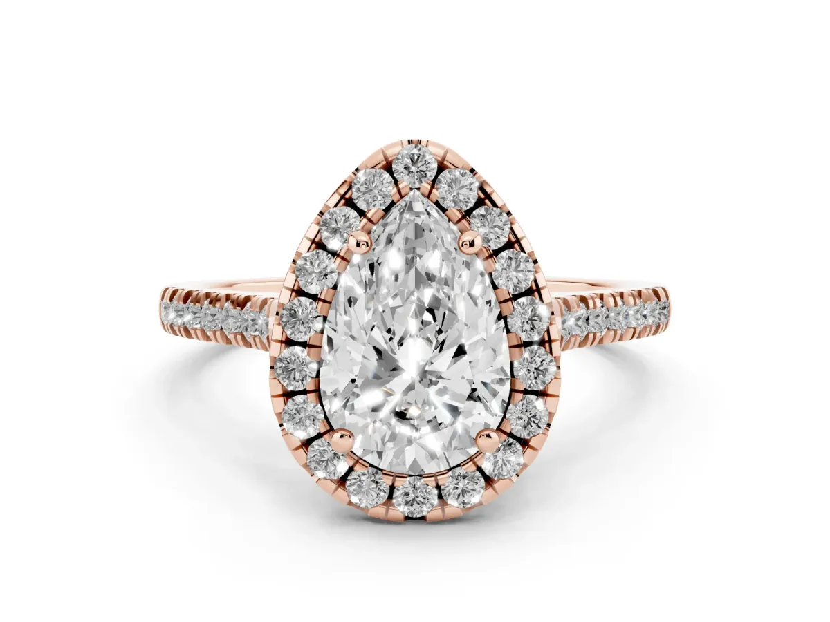 Pear Cut Diamond Cushion Halo Ring with Pavé Band Rose gold