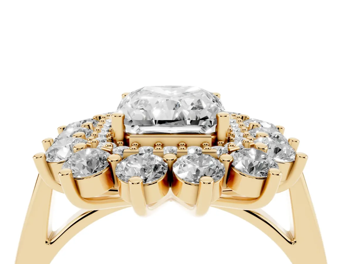 Radiant Cut Diamond Floral Double Halo Engagement Ring with Prong Setting Yellow gold