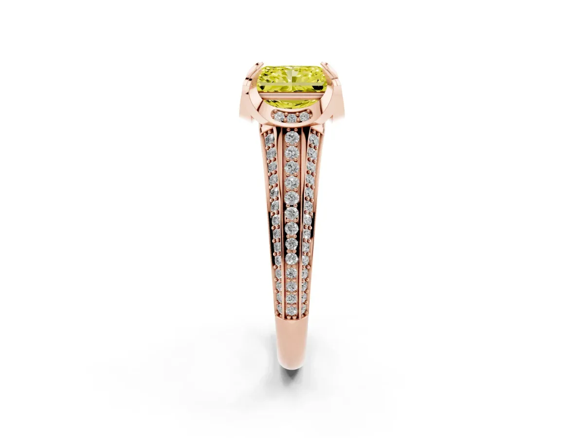 Fancy Yellow Radiant Cut Solitaire Pave Split Shank Ring with Four-Prong Setting Rose gold