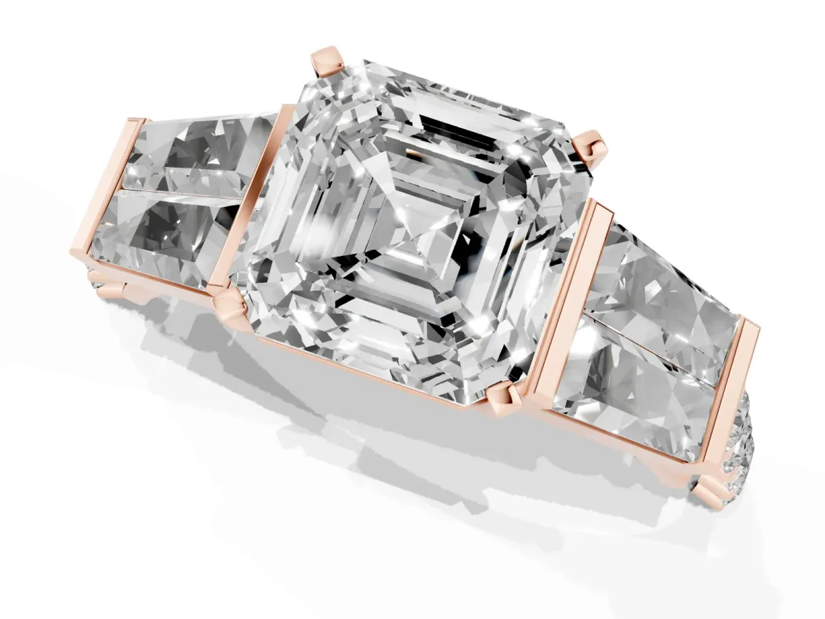 Asscher Cut Diamond Engagement Ring with Baguette Side Stones and Channel Set Band Rose gold