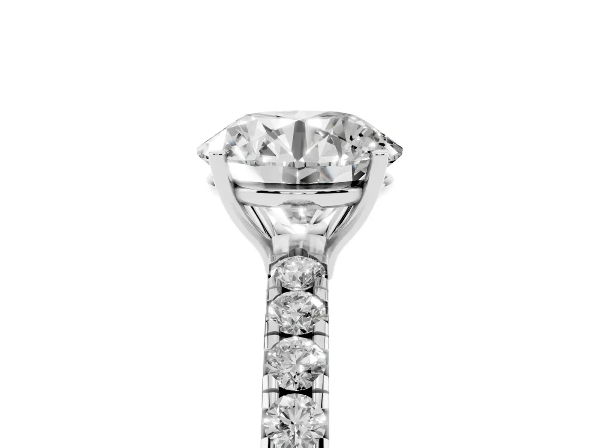 Round Cut Diamond Pavé Solitaire Engagement Ring with Four-Prong Setting Silver