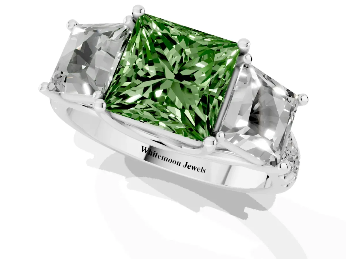 Fancy Green Three-Stone Princess Cut Diamond Pavé Band with Prong Setting Silver