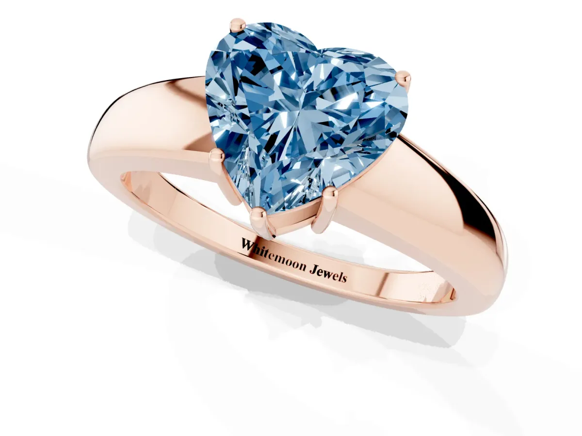 Fancy Blue Heart Cut Solitaire Diamond Ring with Tapered Band and Four-Prong Setting Rose gold