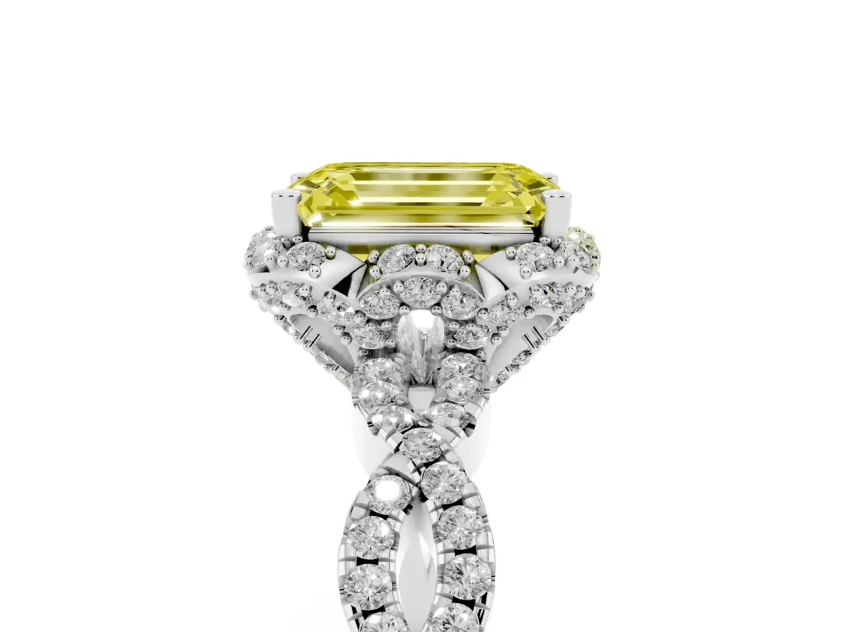 Fancy Yellow Emerald Cut Halo Twist Band Solitaire Ring with Six-Prong Setting Silver