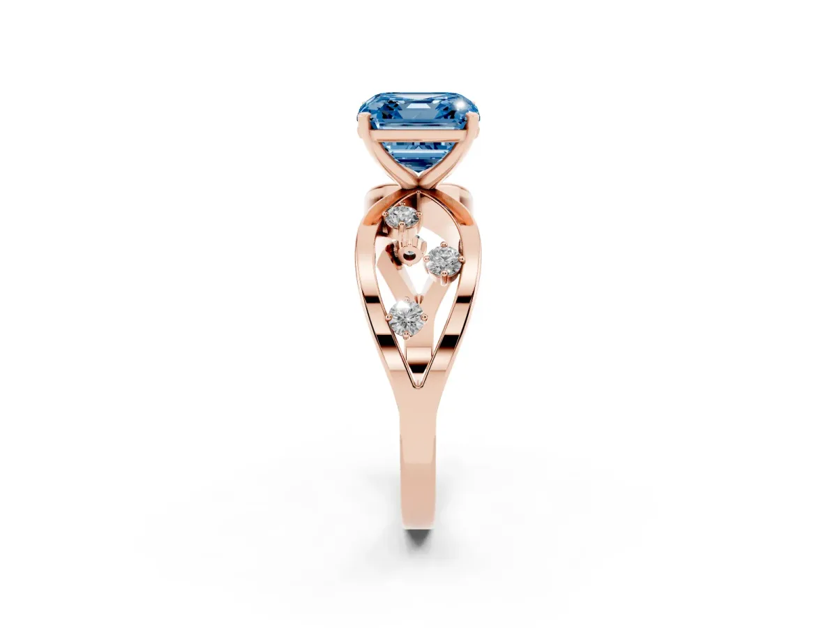 Fancy Blue Asscher Cut Cut Solitaire Diamond with Side Stones on Criss-Cross Band and Four-Prong Setting Rose gold