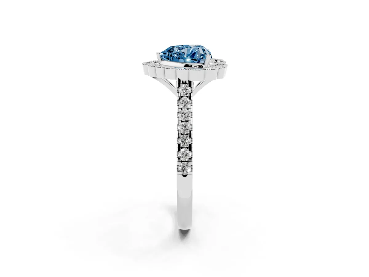 Fancy Blue Heart Cut Cut Diamond Milgrain Floral Halo Engagement Ring with Pavé Band Silver