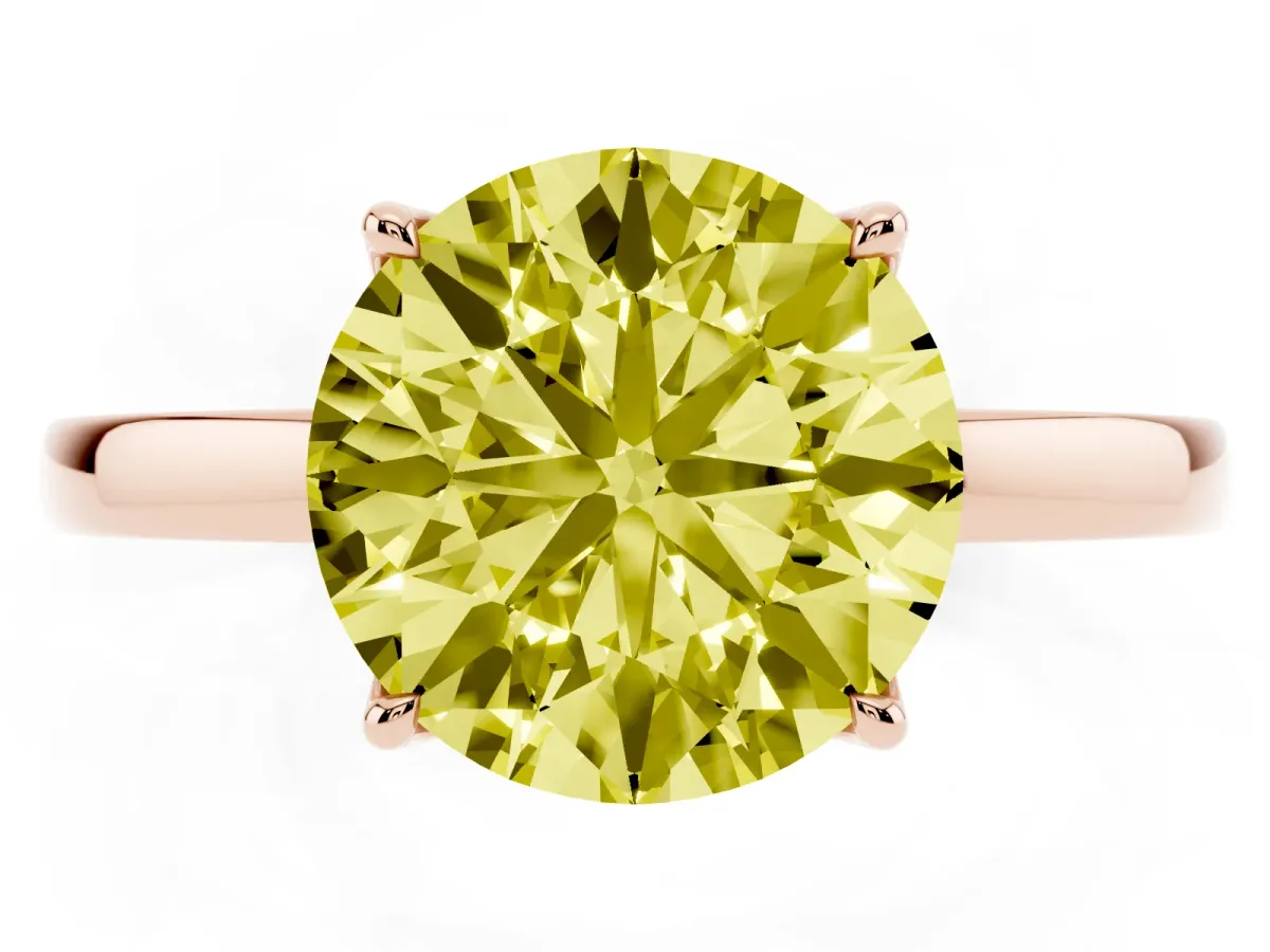 Fancy Yellow Round Cut Diamond Solitaire Ring with Thin Band and Prong Setting Rose gold