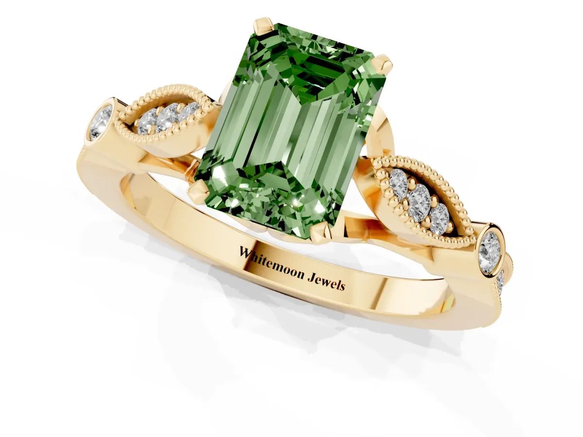 Fancy Green Emerald Cut Cut Diamond with Milgrain Marquise and Bezel Accents on a Solitaire Band with Prong Setting Yellow gold