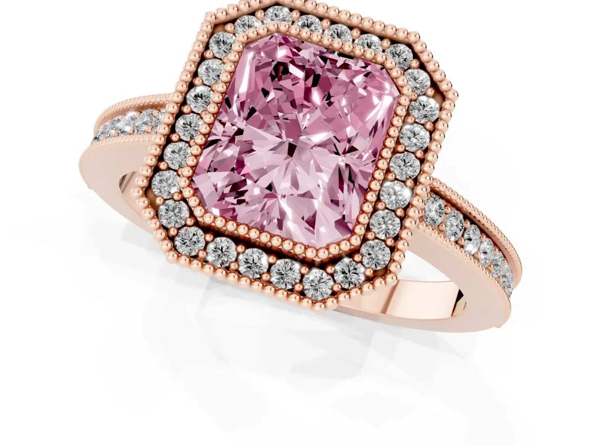 Fancy Pink Radiant Cut Cut Halo Diamond Ring with Pavé Band and Milgrain Prong Setting Rose gold