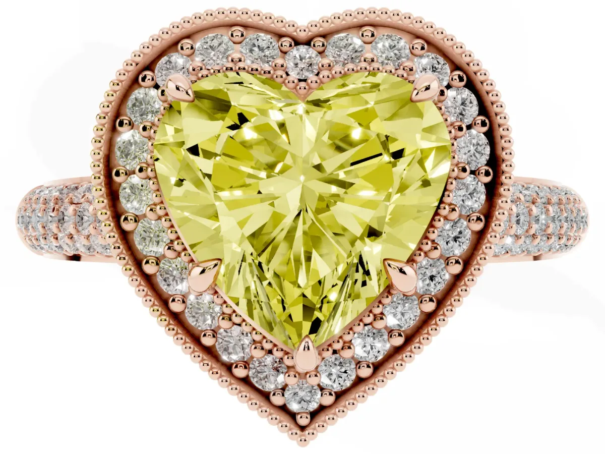 Fancy Yellow Heart Cut Cut Halo Diamond Pave Band with Four-Prong Setting Rose gold
