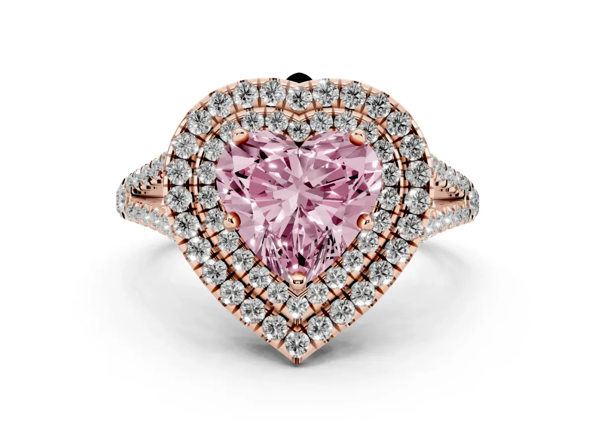 Fancy Pink Heart Cut Diamond Double Halo Ring with Pavé Band and Prong Setting Rose gold