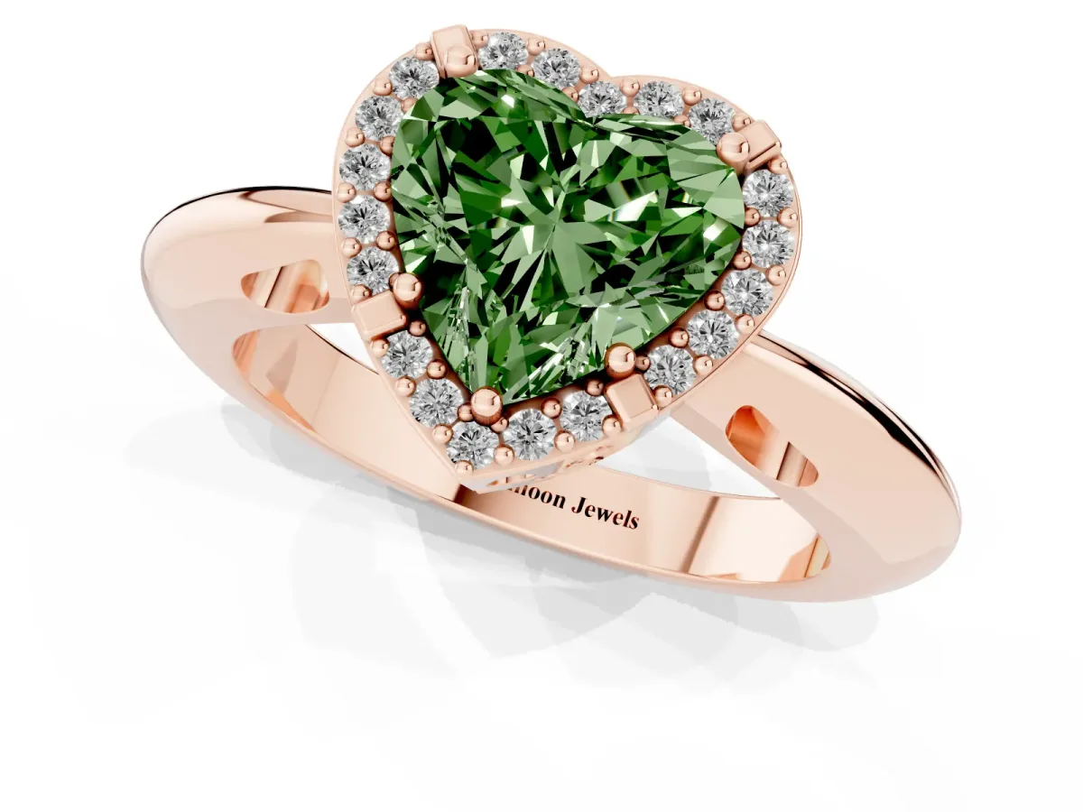 Fancy Green Heart Cut Cut Diamond Halo Engagement Ring with Split Shank and Four-Prong Setting Rose gold