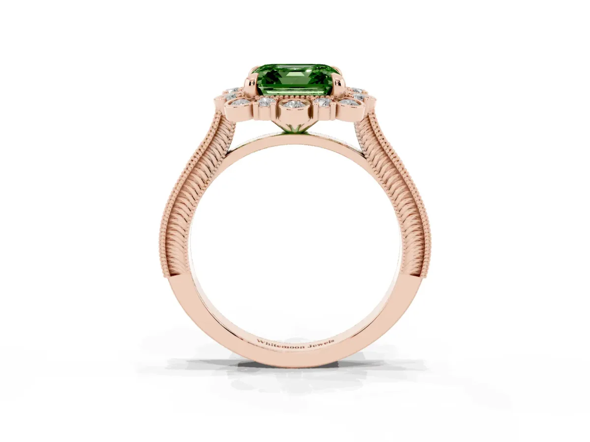 Fancy Green Asscher Cut Halo Milgrain Pave Diamond Ring with Four-Prong Setting Rose gold
