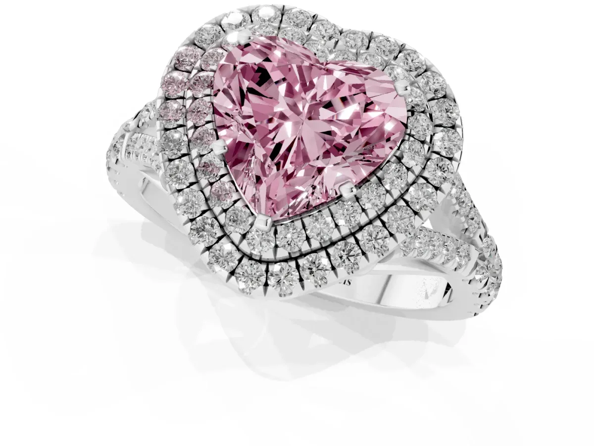Fancy Pink Double Halo Heart Cut Diamond Split Shank Engagement Ring with Four-Prong Setting Silver