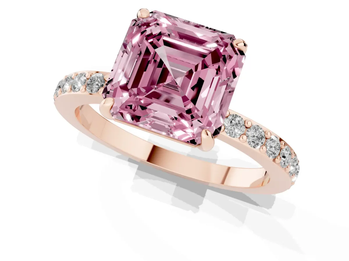 Fancy Pink Asscher Cut Diamond Solitaire Engagement Ring with Pavé Band and Four-Prong Setting Rose gold