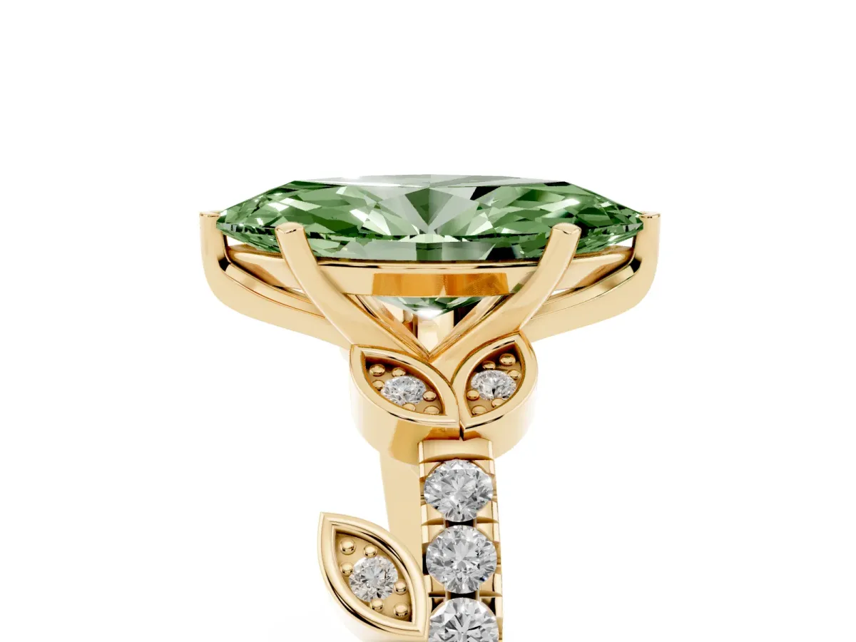 Fancy Green Marquise Cut Solitaire Leaf-Inspired Diamond Ring with Pavé Band and Four-Prong Setting Yellow gold