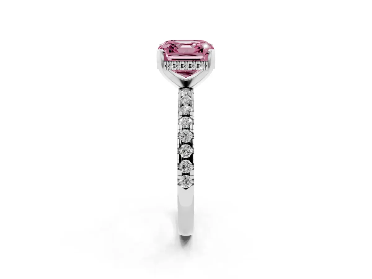 Fancy Pink Asscher Cut Diamond Solitaire Ring with Round Pavé Band and Four-Prong Setting Silver