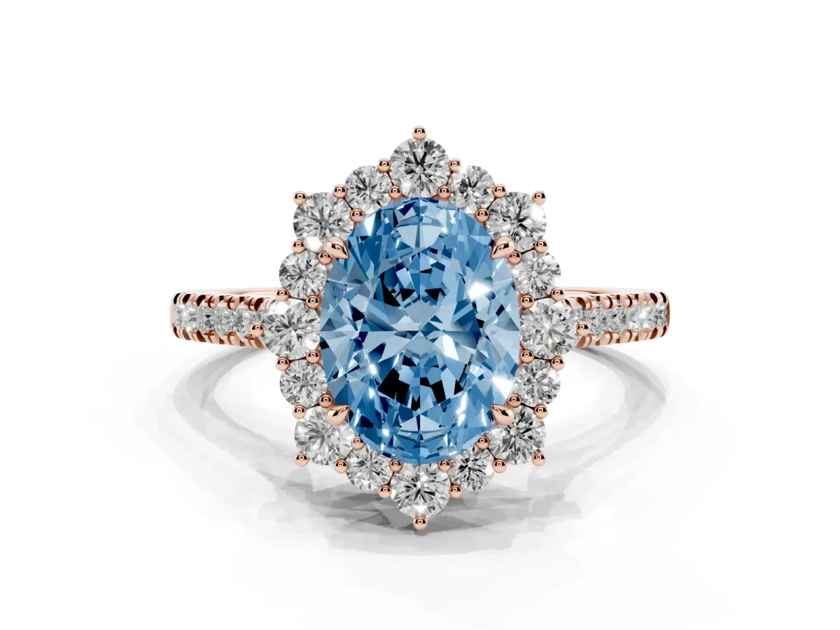 Fancy Blue Oval Cut Halo Diamond Ring with Pavé Band and Prong Setting Rose gold