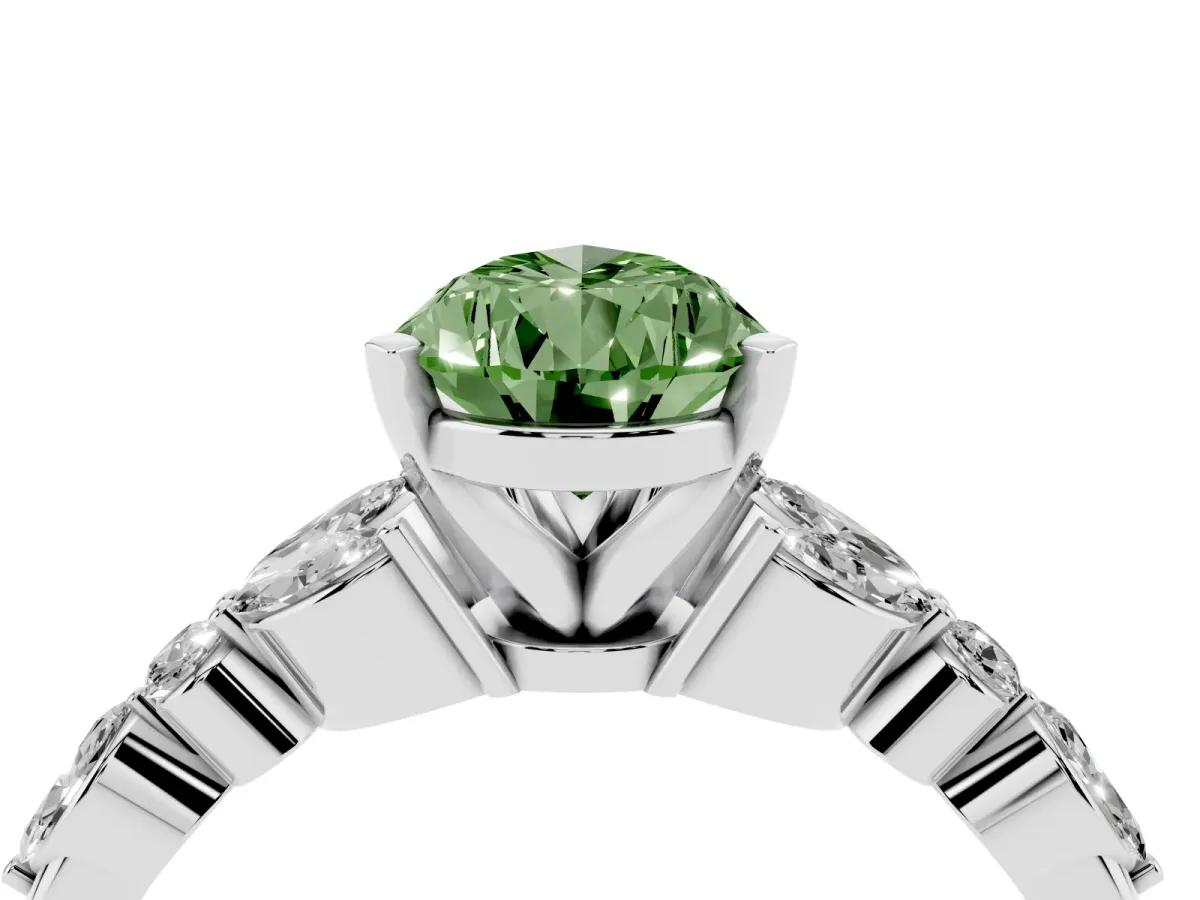 Fancy Green Pear Cut Diamond Solitaire Ring with Side Stones and Four-Prong Setting Silver