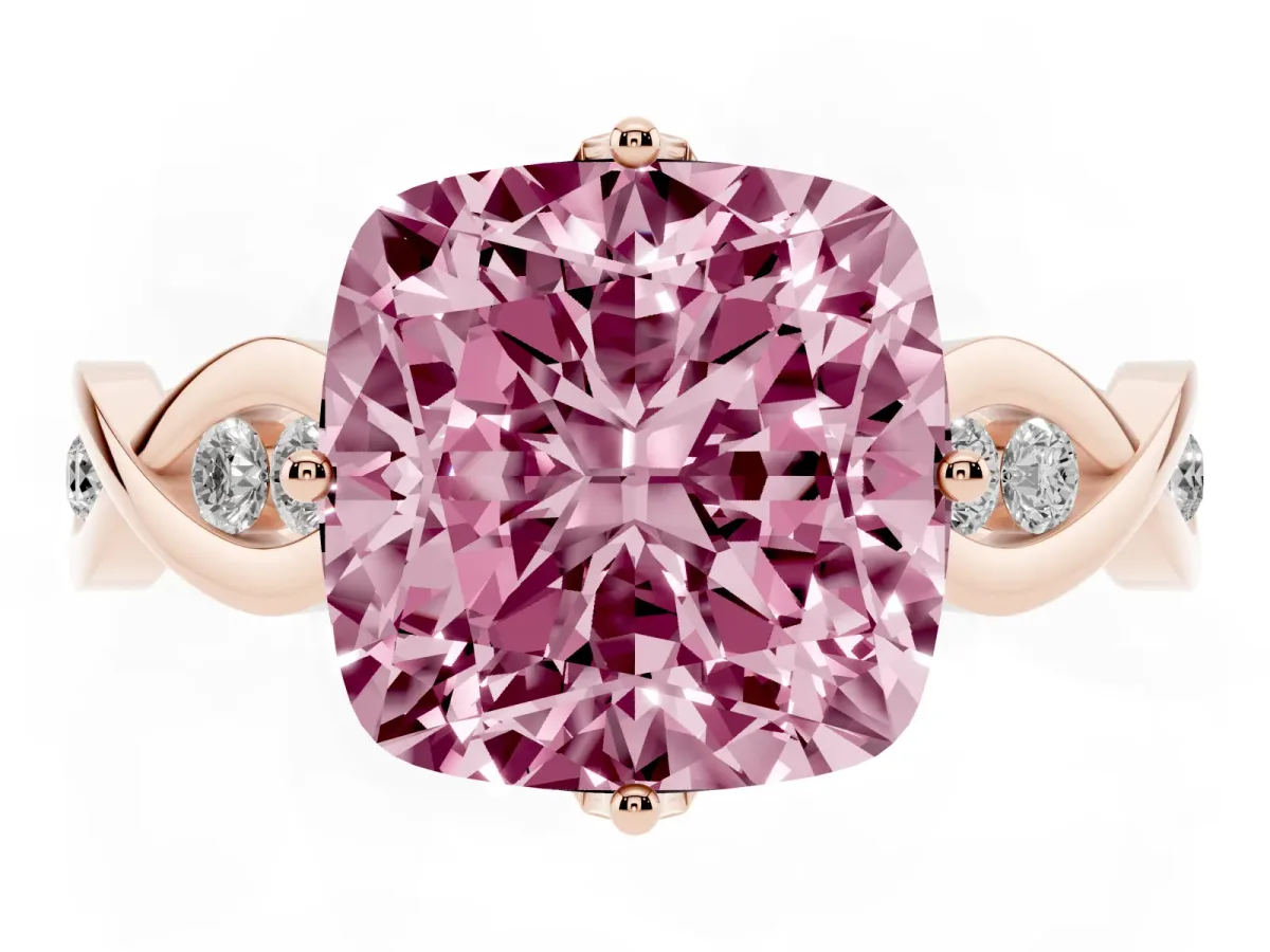 Fancy Pink Cushion Cut Solitaire Twist Band with Leaf Prong Setting Rose gold