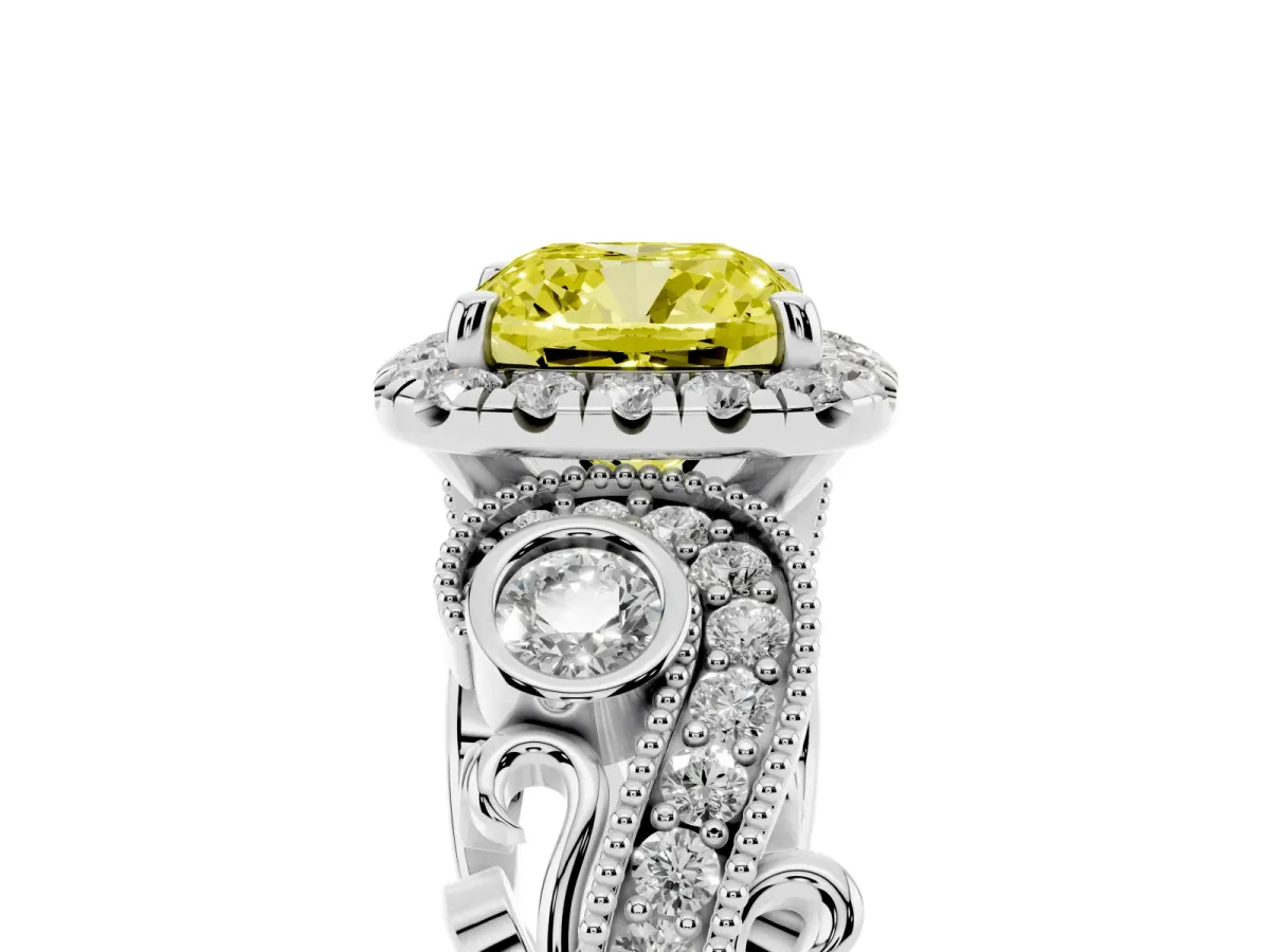 Fancy Yellow Cushion Cut Diamond Halo Ring with Milgrain Pavé Band and Four-Prong Setting Silver