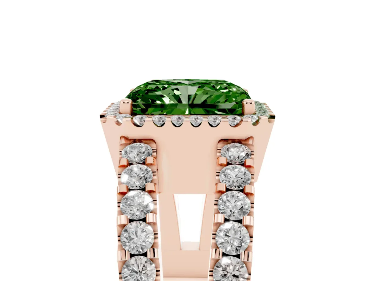 Fancy Green Radiant Cut Cut Halo Split Shank Diamond Ring with Four-Prong Setting Rose gold