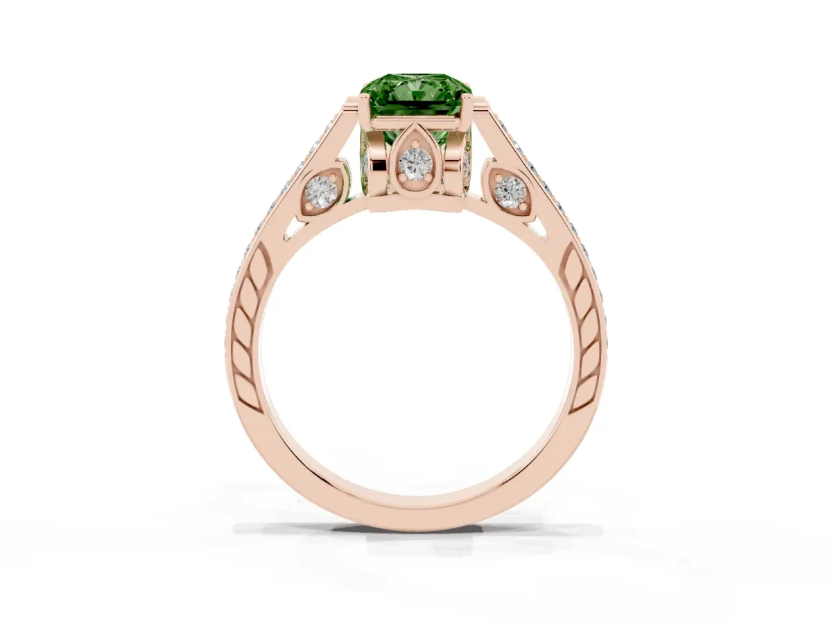 Fancy Green Radiant Cut Cut Cathedral Pave Diamond Engagement Ring with Six-Prong Setting Rose gold
