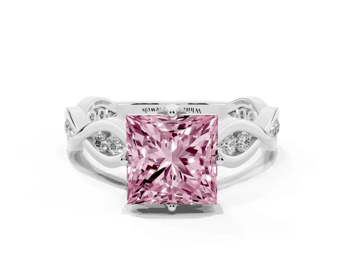 Fancy Pink Princess Cut Solitaire Twist Band with Leaf Prong Setting Silver