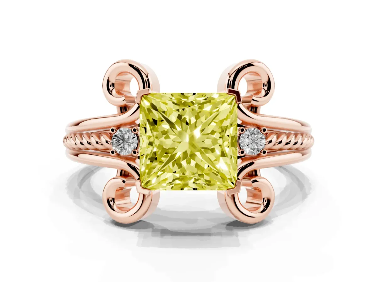 Fancy Yellow Princess Cut Solitaire Twisted Band Scroll Prong Ring Rose gold