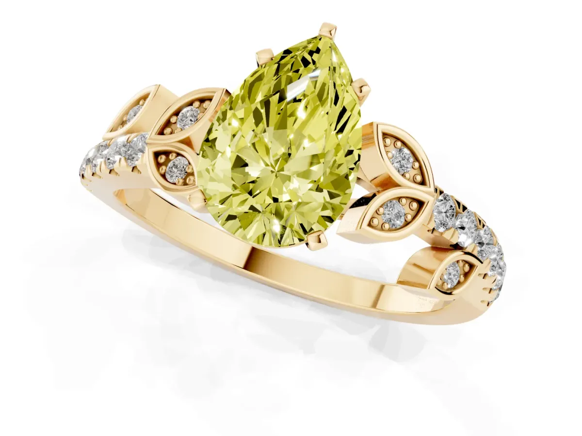Fancy Yellow Pear Cut Solitaire Leaf-Inspired Diamond Ring with Pavé Band and Four-Prong Setting Yellow gold