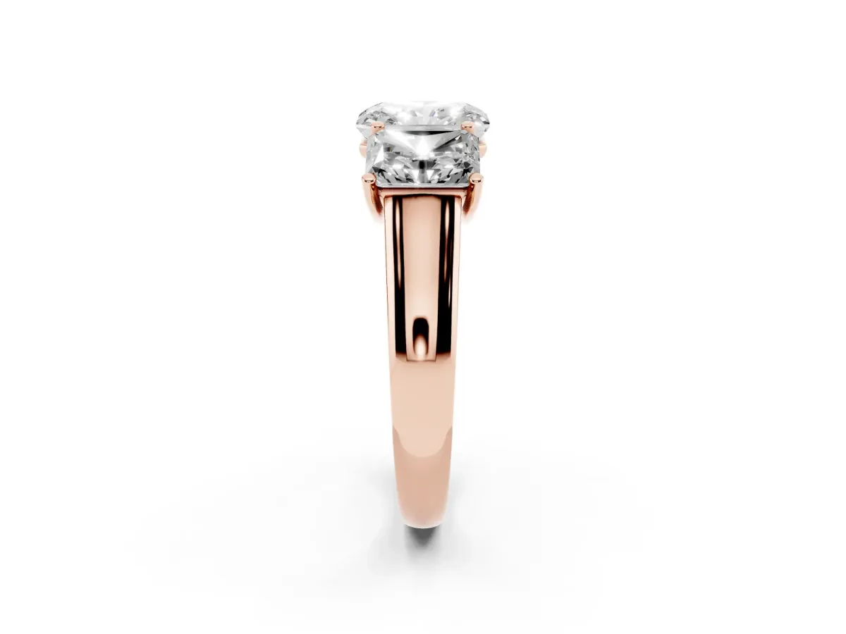 Radiant Cut Three-Stone Diamond Ring with Prong Setting on a Classic Band Rose gold