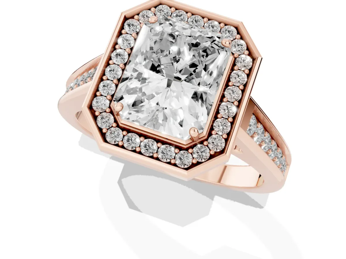 Radiant Cut Halo Solitaire Diamond Ring with Pave Band and Bezel Setting Rose gold